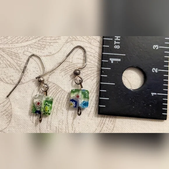 Floral Blue and Green Transparent Cube Bead Hook Earrings - Picture 3 of 3